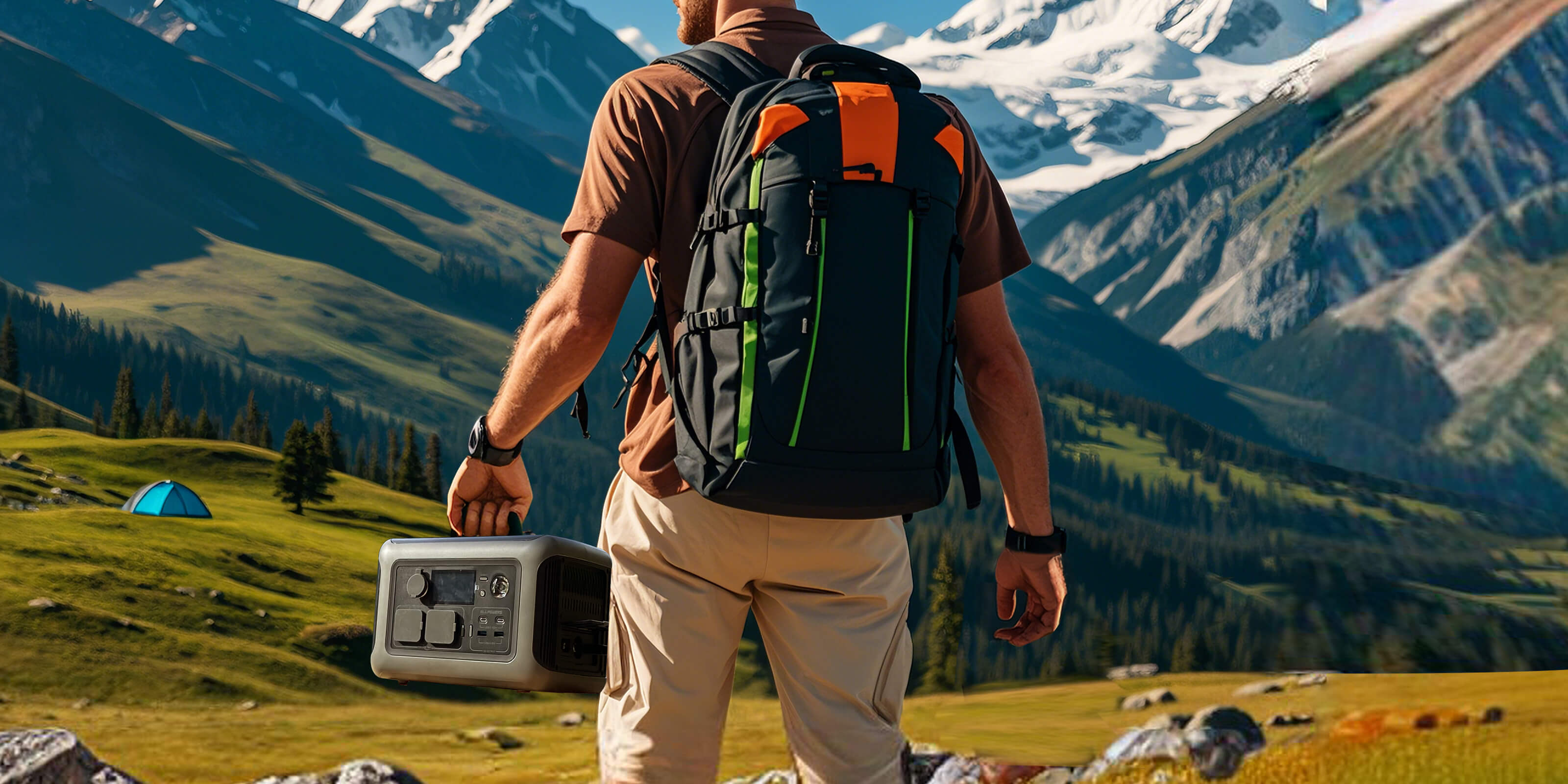 A man carrying an R600 Portable Power Station in the wild