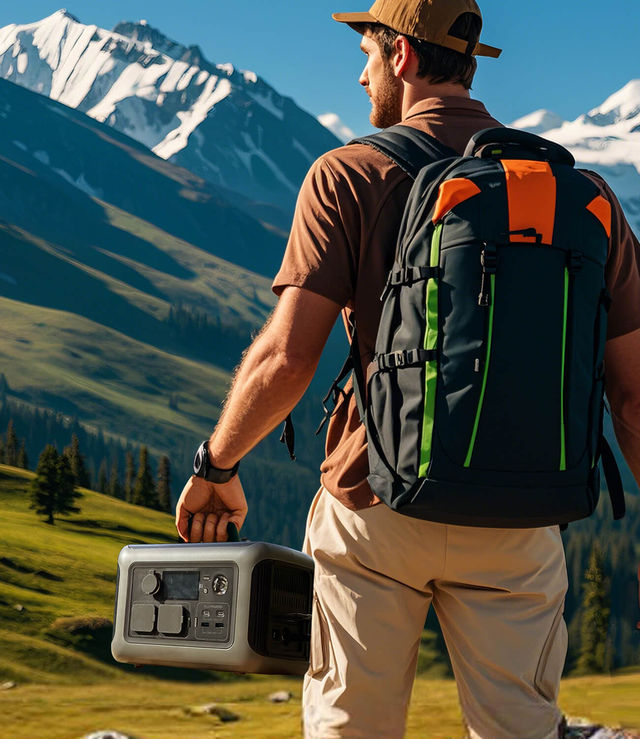 A man carrying an R600 Portable Power Station in the wild